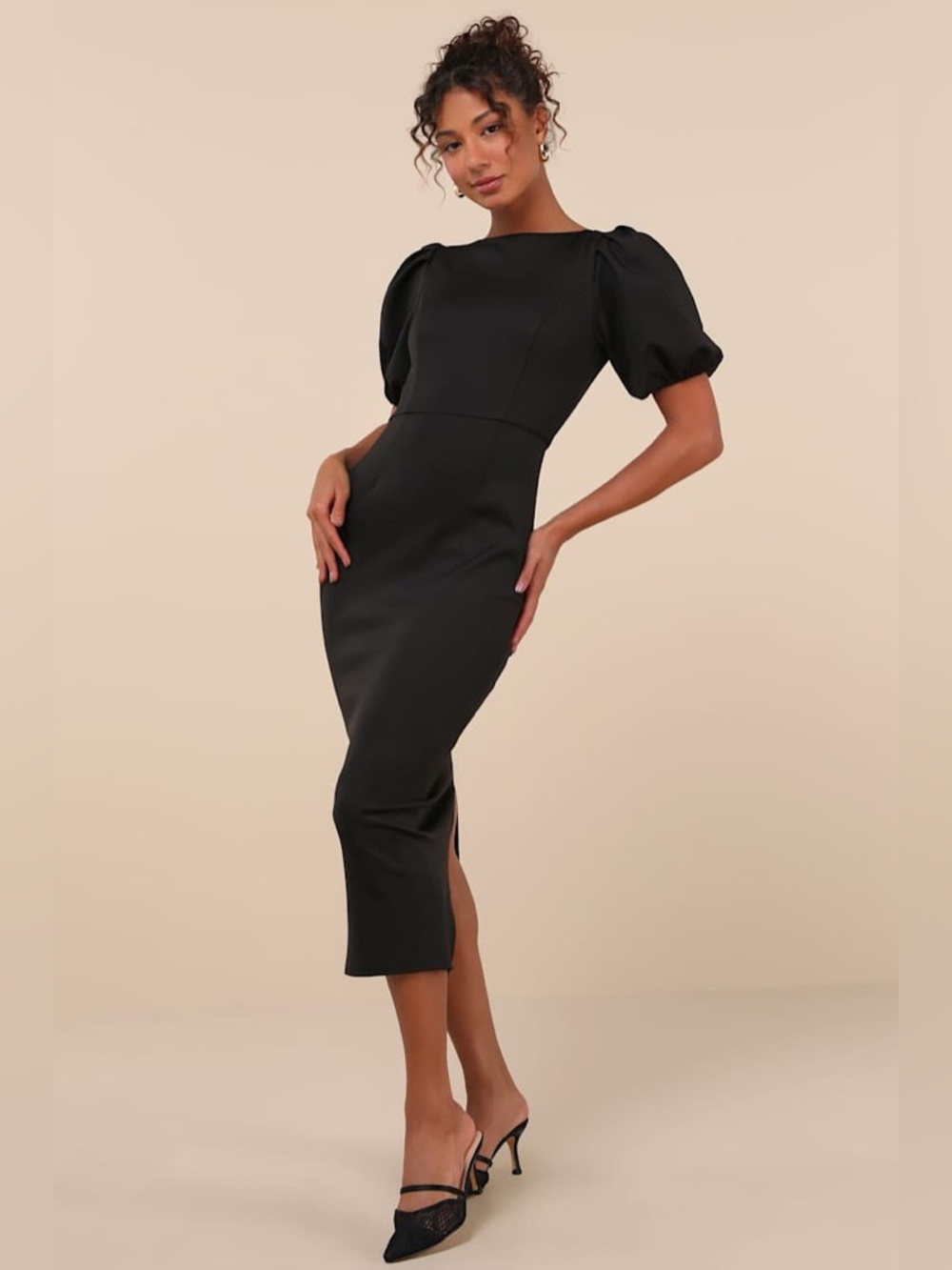 LULUS Simply Beloved Midi Dress Small Black Puff Sleeves Stretch Elegant Classy